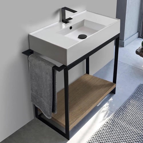 Console Sink Vanity With Ceramic Sink and Natural Brown Oak Shelf, 35 Inch Scarabeo 5123-SOL2-89